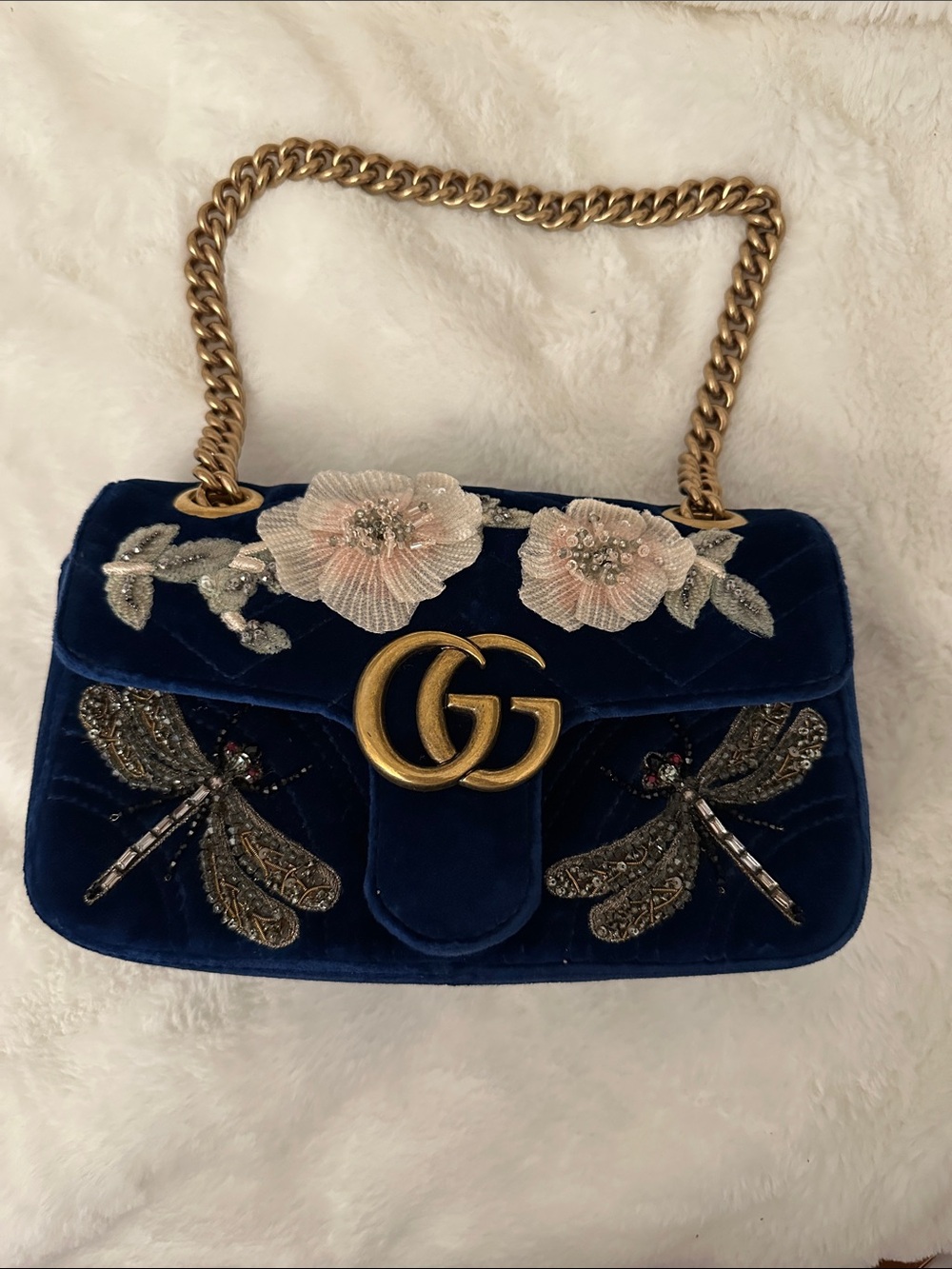 Gucci GG Marmont Flap Matelasse Velvet Blue Mini Embroidered Shoulder Bag w/ COA
